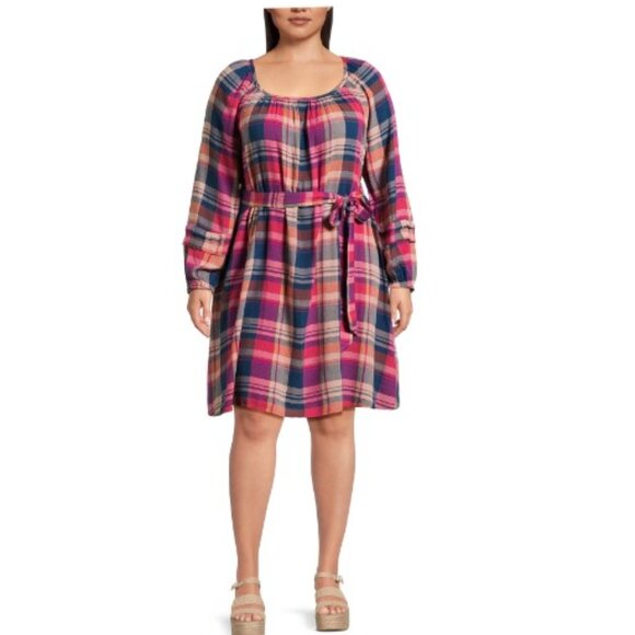 Terra & Sky Women's Plus Size Shirred Mini Dress, Multicolor Pld/Blue Comet - Picture 1 of 5
